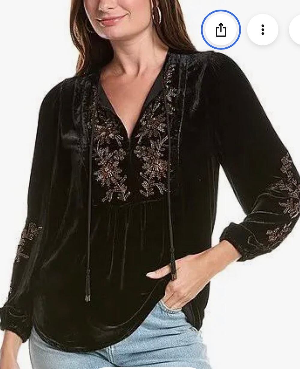 Johnny Was Dark Chocolate Velvet Beaded Prairie Blouse
